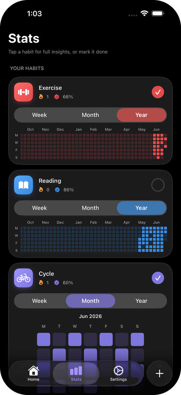 Tenday Home screen showing today's habits, the progress ring, and current streaks